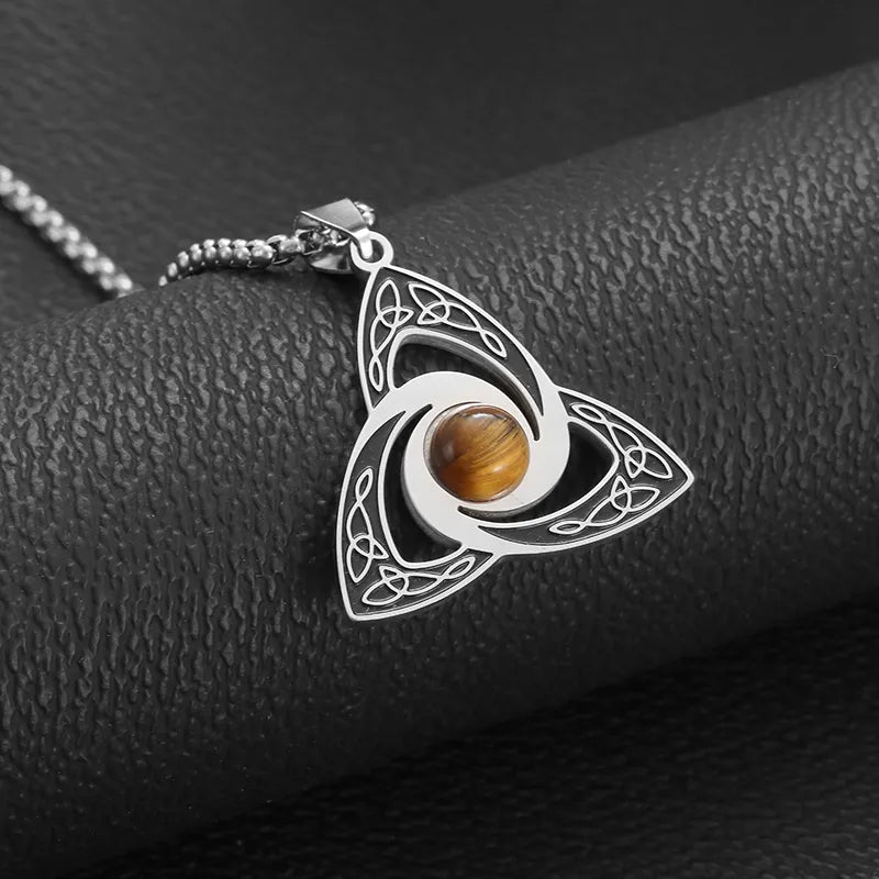 Collier Noeud de Vikings et pierre oeil de tigre, bijou en acier inoxydable et en pierre naturelle