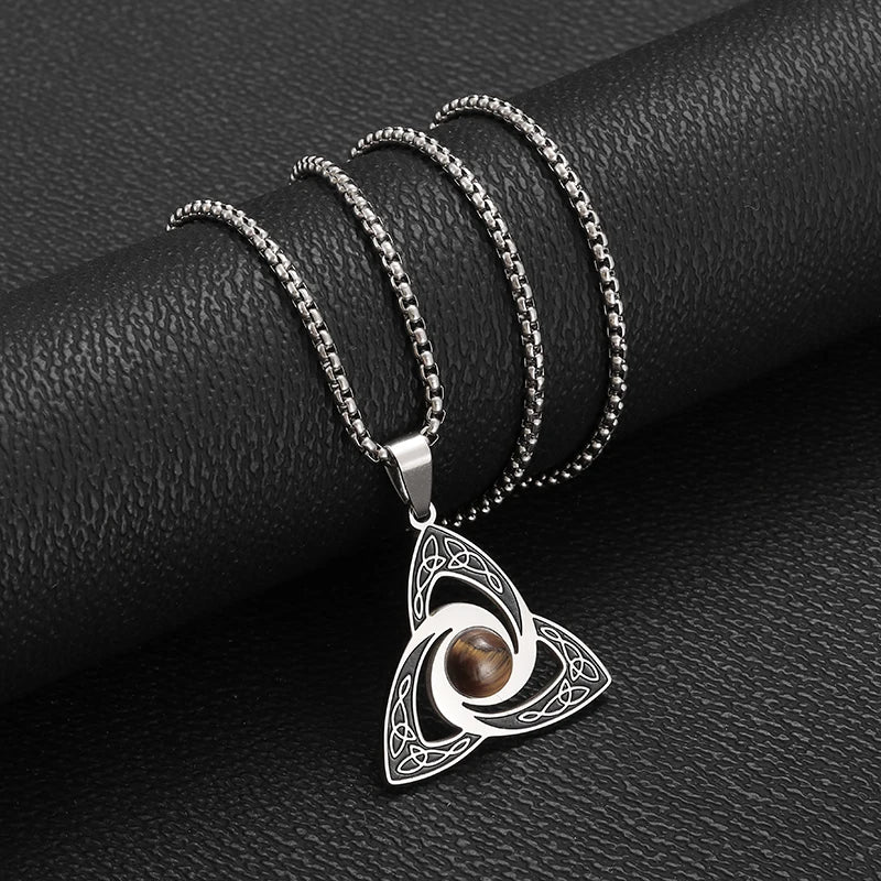 Collier Noeud de Vikings et pierre oeil de tigre, bijou en acier inoxydable et en pierre naturelle