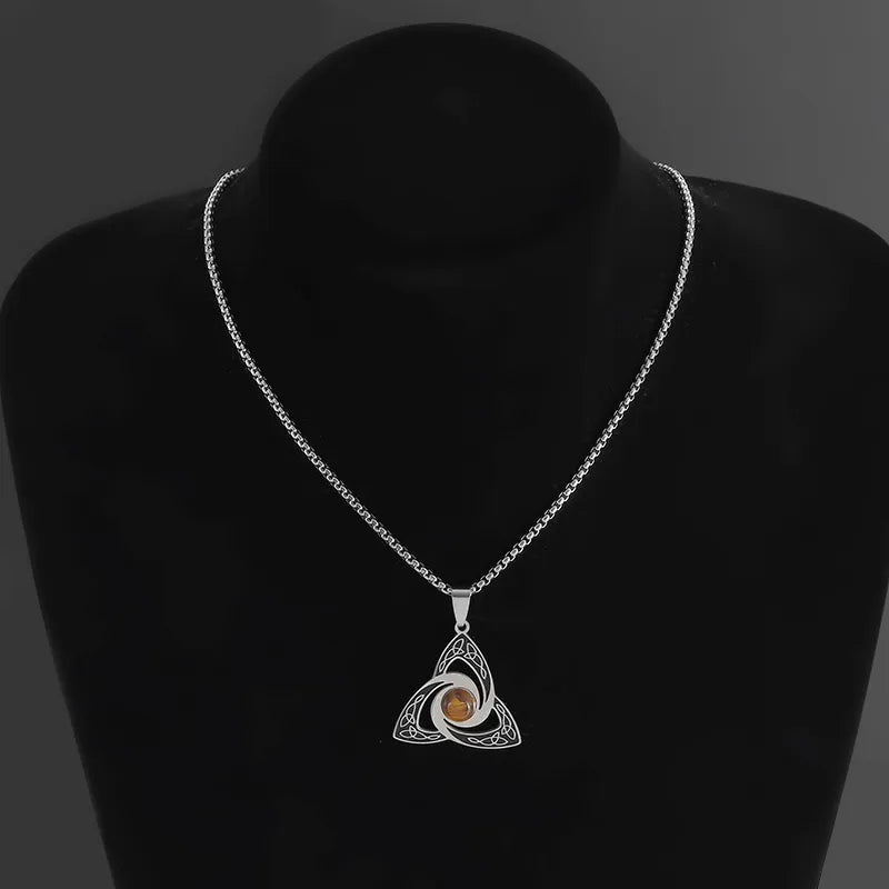 Collier Noeud de Vikings et pierre oeil de tigre, bijou en acier inoxydable et en pierre naturelle