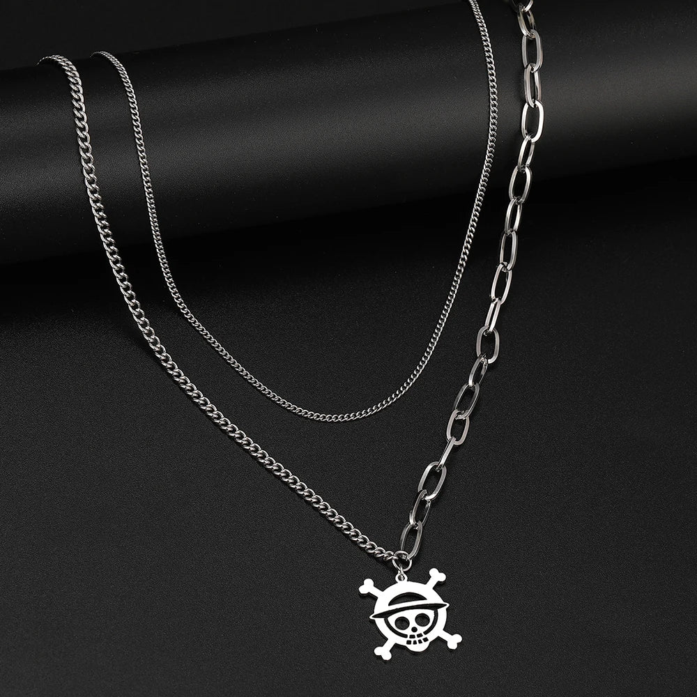 Collier duo de chaînes et pendentif pirate, bijou en acier inoxydable argenté