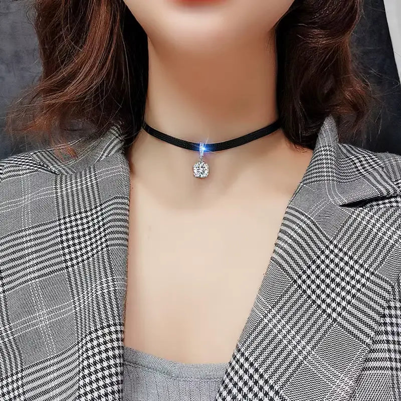 Collier ras-du-cou en cuir avec pendentif en zircon, bijou en plaqué argent