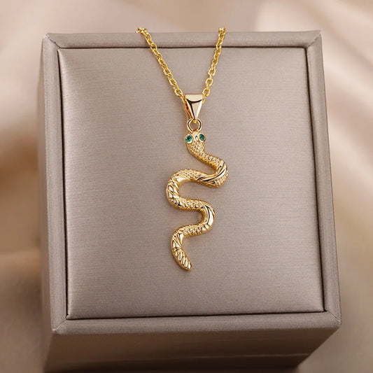 Collier Serpent, bijou en acier inoxydable doré et zircons naturels