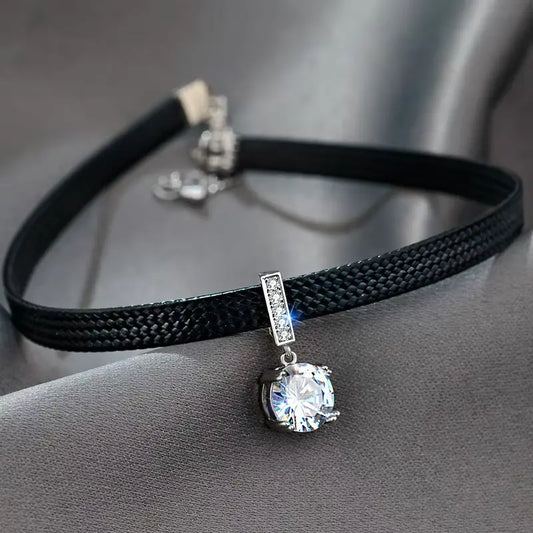 Collier ras-du-cou en cuir avec pendentif en zircon, bijou en plaqué argent