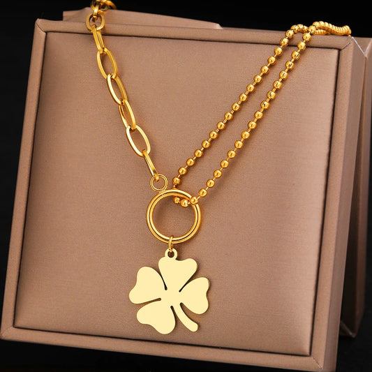 Collier asymétrique trèfle, bijou en acier inoxydable doré