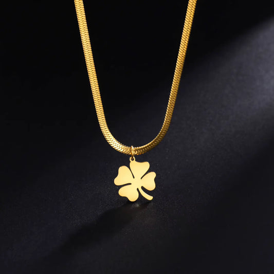 Collier trèfle à quatre feuilles, chaîne maille chevron, bijou en acier inoxydable doré