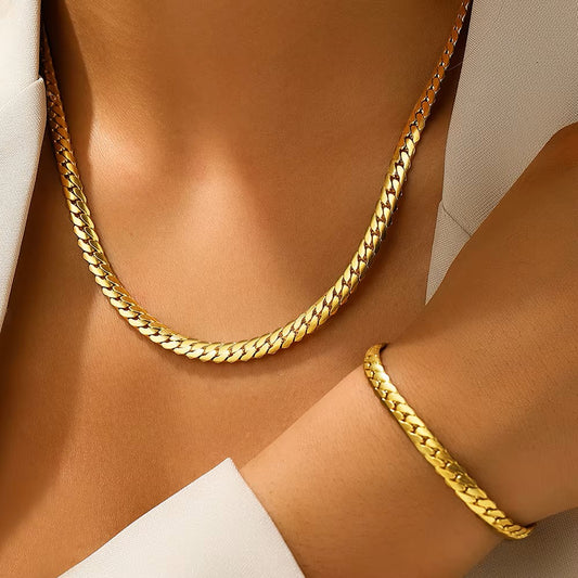 Parure de bijoux collier et bracelet, chaîne maille cubaine, bijoux en acier inoxydable doré