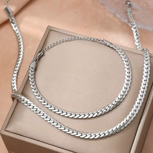 Parure de bijoux collier et bracelet, chaîne maille cubaine, bijoux en acier inoxydable