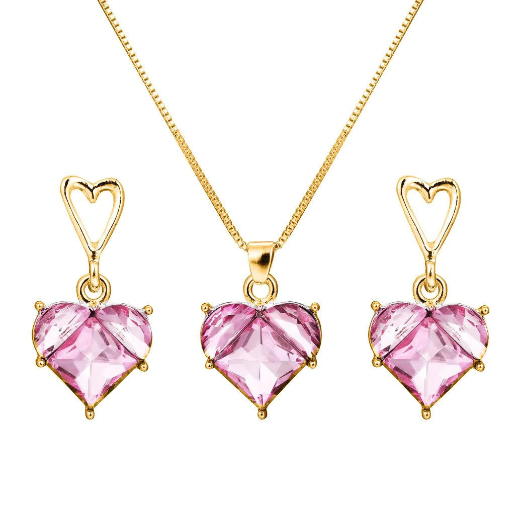 Parure de bijoux coeurs en zircons, bijoux en plaqué or 585 (14 carats) et en zircons