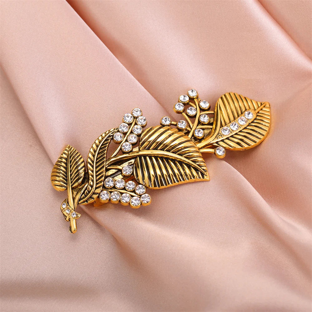Pince à cheveux feuillage, bijou en acier inoxydable doré et en zircons naturels