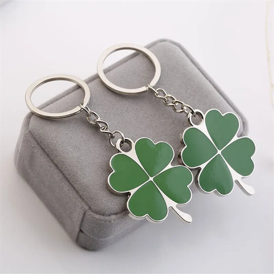 Double porte-clés Trèfles à quatre feuilles, accessoire de mode en acier inoxydable et en émail