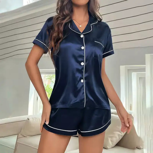 Ensemble de pyjama courtes manches, en satin bleu marine