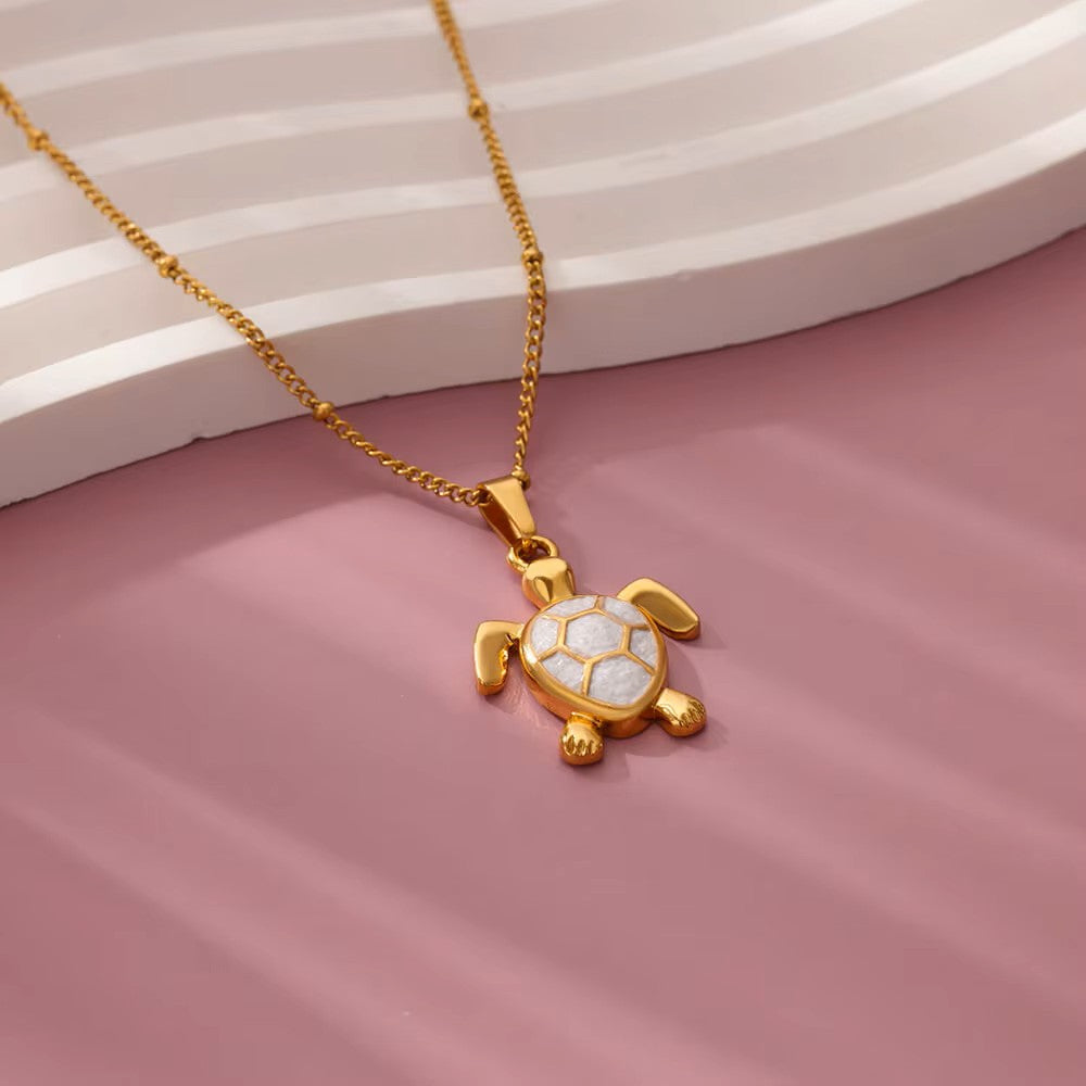 Collier Tortue blanche, bijou en acier inoxydable doré