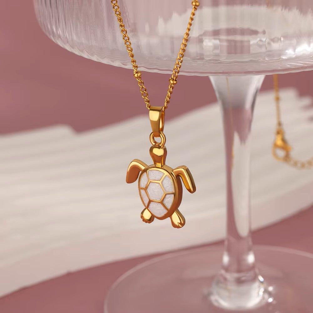 Collier Tortue blanche, bijou en acier inoxydable doré