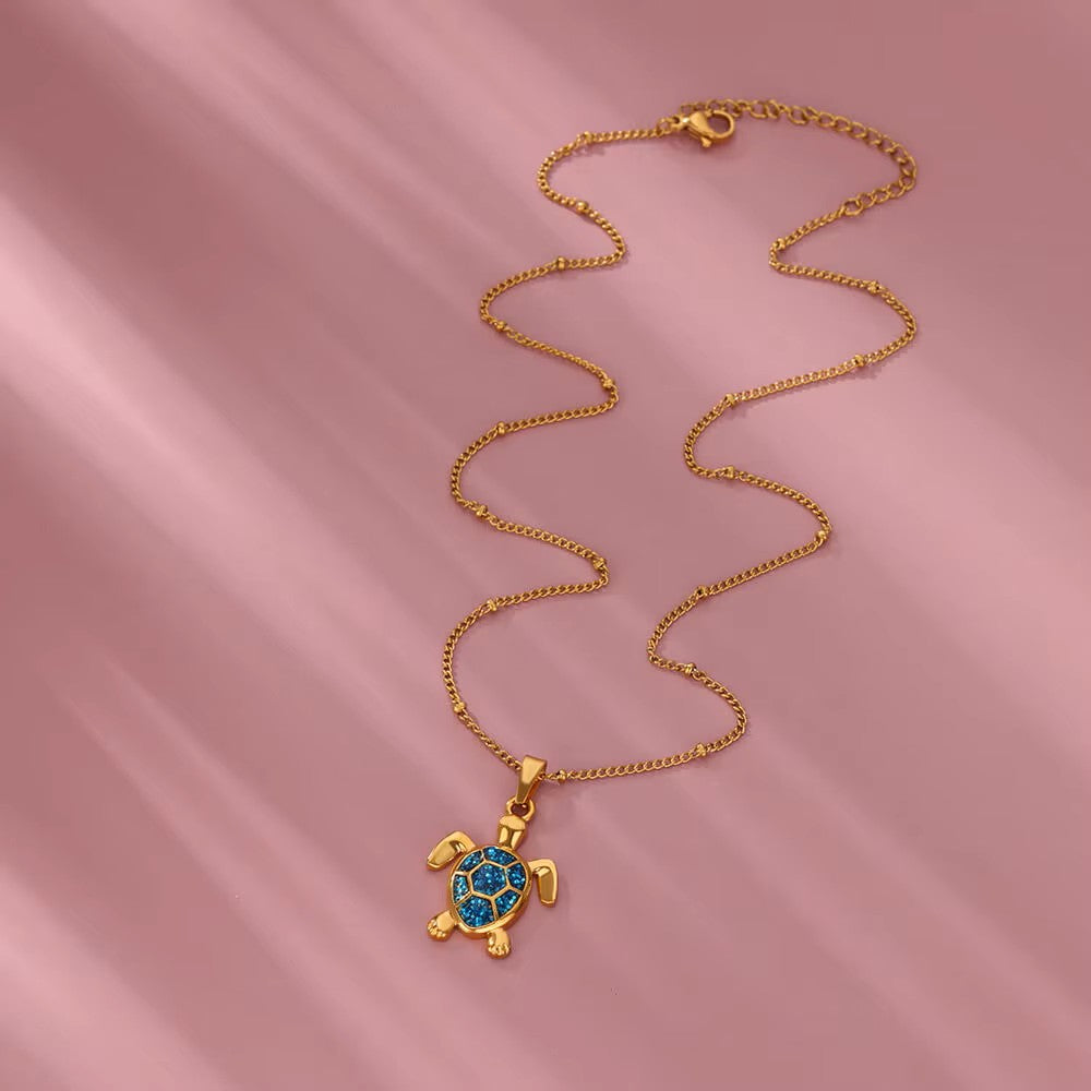 Collier Tortue bleue, bijou en acier inoxydable doré