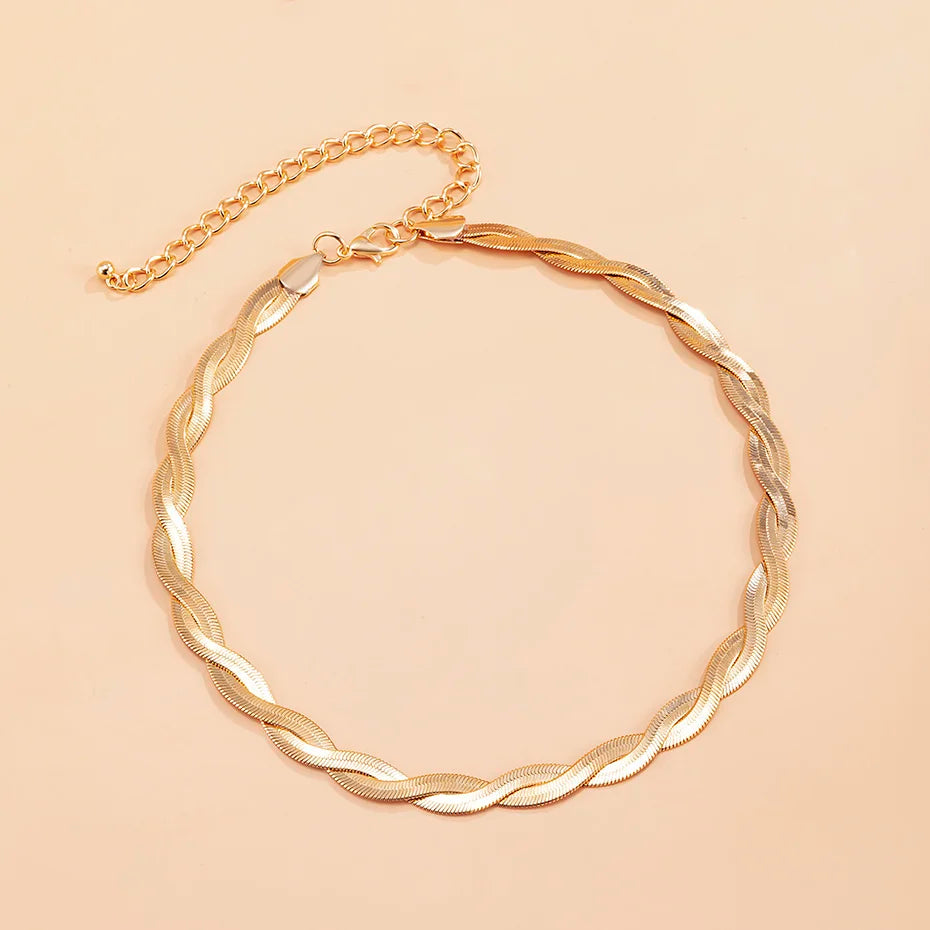 Collier tressé en maille serpent, bijou en alliage plaqué or