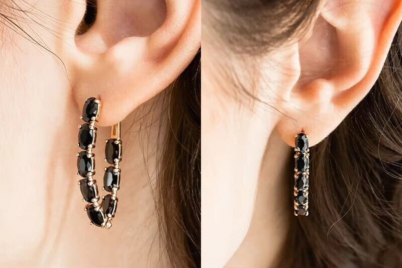 Boucles d'oreilles zircons noirs, bijou en plaqué or et en zircons naturels