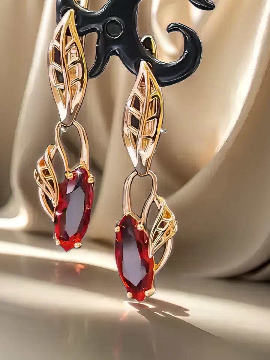 Boucles d'oreilles pendantes pierre de cristal rouge, bijou plaqué or rose 585 (14 carats) et en zircons naturels