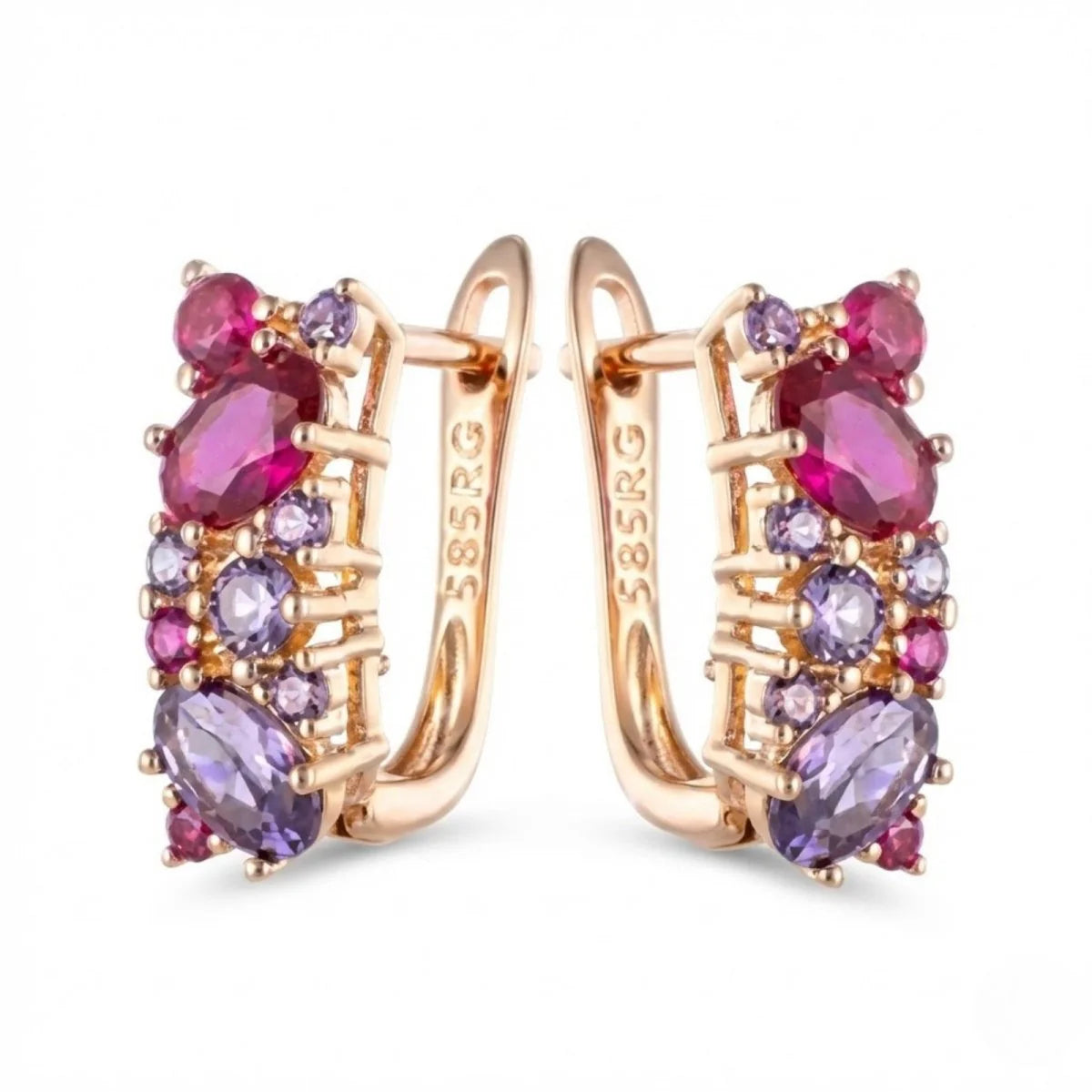 Boucles d'oreilles pavés de zircons colorés, bijou en plaqué or rose et en zircons naturels