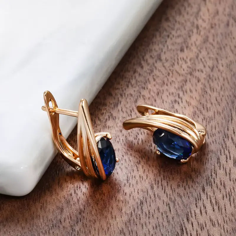Boucles d'oreilles Zircons bleus, bijou en plaqué or rose et en zircons naturels