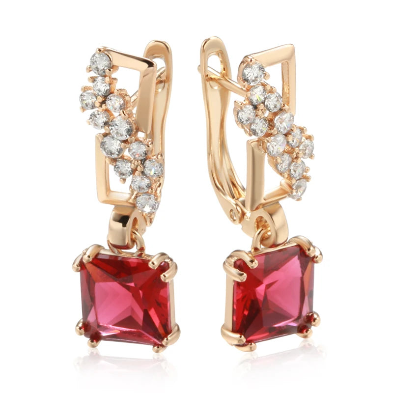 Boucles d'oreilles zircons carrés rouges, bijou en plaqué or rose 585 (14 carats) et en zircons naturels