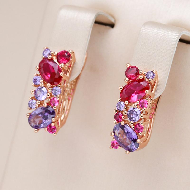 Boucles d'oreilles pavés de zircons colorés, bijou en plaqué or rose et en zircons naturels