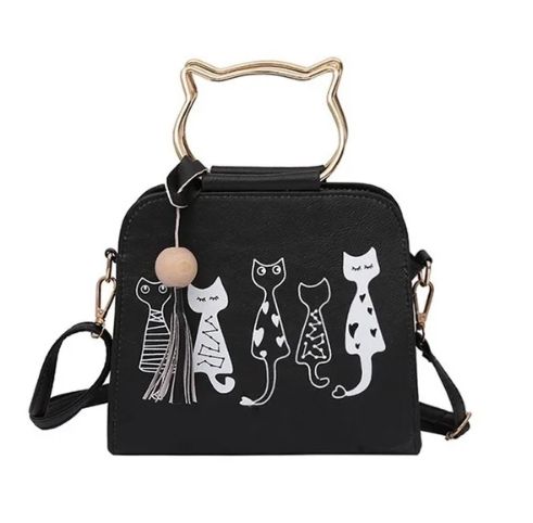 Sac à main et à bandoulière design tête de chat, en simili-cuir noir
