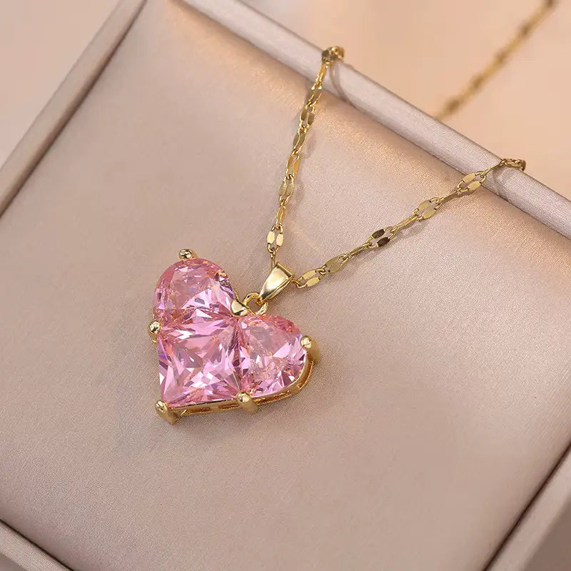 Collier coeur en zircons roses, maille Lips, bijou en plaqué or rose 585 (14 carats) et en cristal