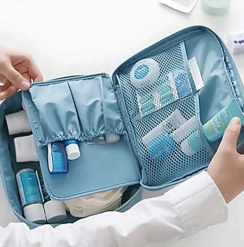 Trousse de maquillage de voyage, bleue, à motif de flamants roses