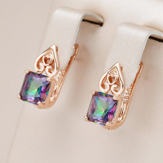 Boucles d'oreilles carrées, zircon multicolore, bijou en alliage plaqué or 585 (14 carats) et en zircons naturels