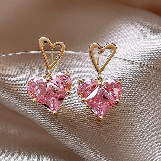 Boucles d'oreilles Coeurs en zircons roses, bijou en plaqué or et en zircons