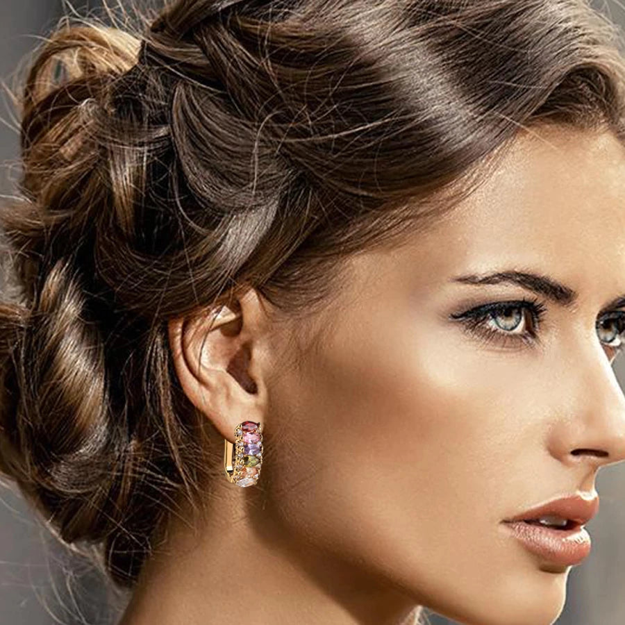 Boucles d'oreilles Zircons multicolores, bijou en plaqué or rose et en zircons naturels