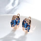 Boucles d'oreilles zircons bleu saphir, bijou en plaqué or rose 585 (14 carats) et en zircons naturels