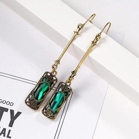 Boucles d'oreilles Rétros avec cristal vert, bijou en plaqué or