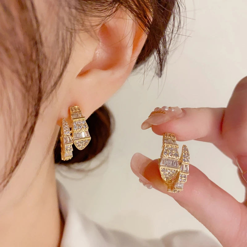 Boucles d'oreilles Serpent, bijou en alliage plaqué or 585 (14 ct) et zircons naturels