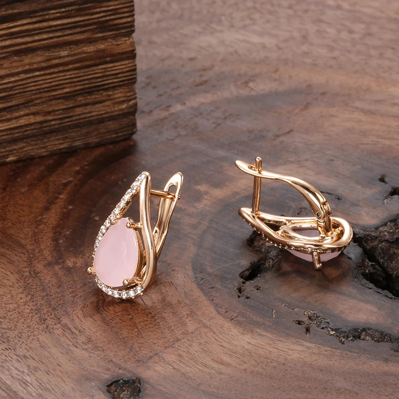 Boucles d'oreilles goutte en zircon rose, bijou en plaqué or rose 585 (14 carats) et en zircons naturels
