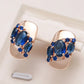 Boucles d'oreilles zircons bleu saphir, bijou en plaqué or rose 585 (14 carats) et en zircons naturels
