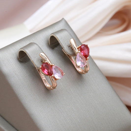 Boucles d'oreilles zircons rouges et roses, bijou en plaqué or rose 585 (14 carats) et en zircons naturels