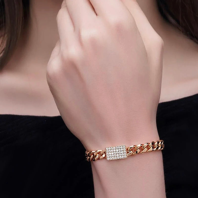 Bracelet pavé de zircons blancs, bijou en plaqué or rose 585 (14 carats) et en zircons naturels