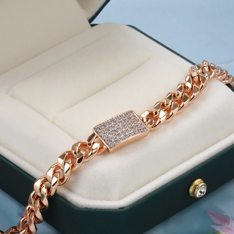 Bracelet pavé de zircons blancs, bijou en plaqué or rose 585 (14 carats) et en zircons naturels
