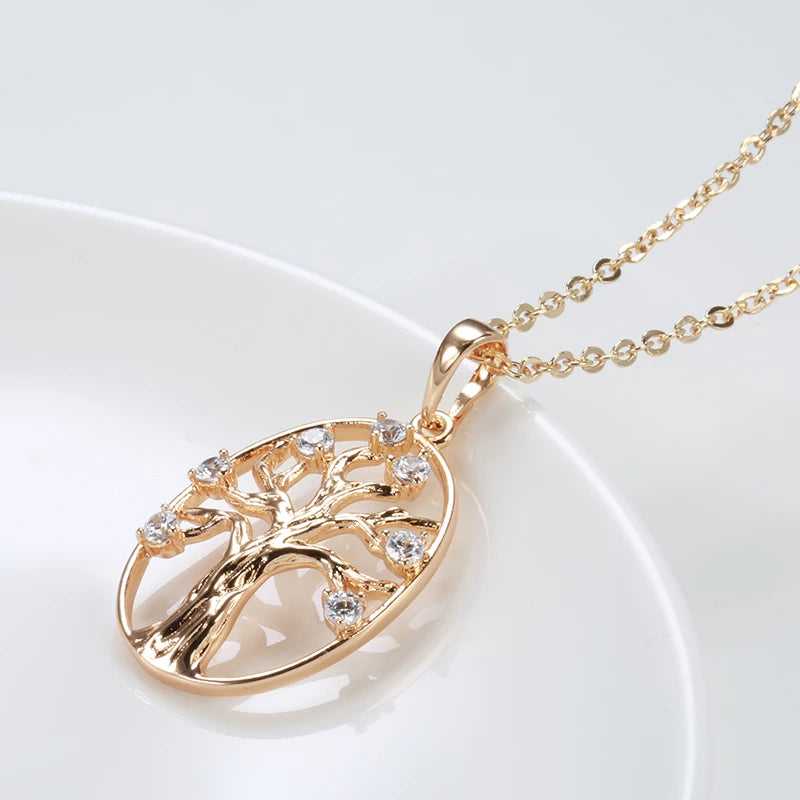 Collier Arbre de Vie, bijou en alliage plaqué or rose et en zircons naturels