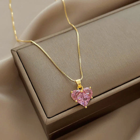 Collier coeur en zircons roses, maille vénitienne, bijou en plaqué or et en zircons