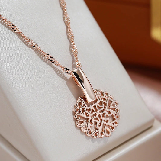 Collier pendentif disque d'arabesques ajourées, bijou en plaqué or rose 585 (14 carats)