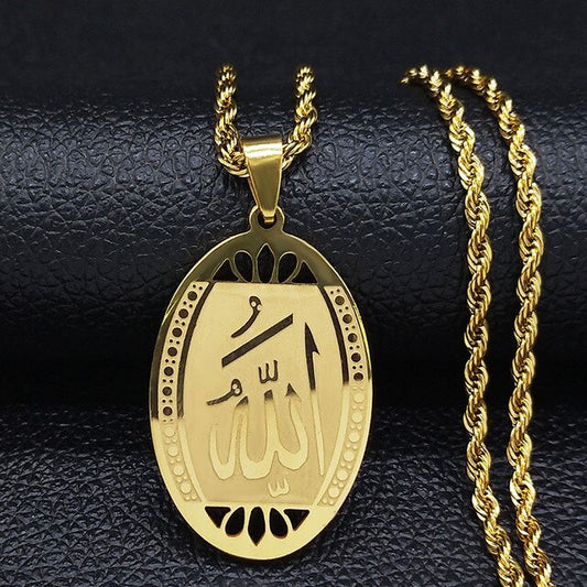 Collier médaillon islamique, bijou en acier inoxydable doré