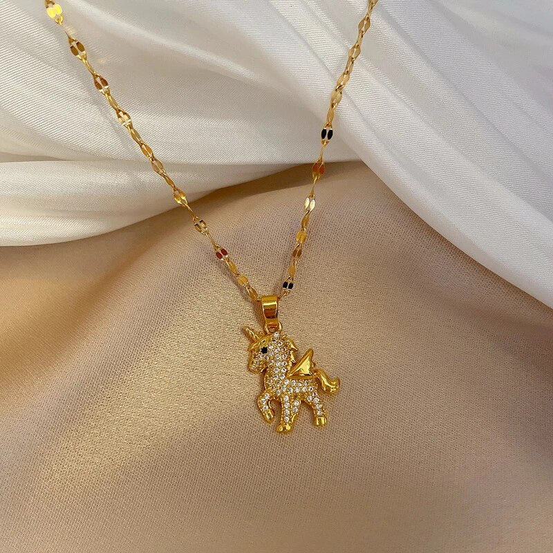 Collier Licorne avec chaîne maille Lips, bijou en acier inoxydable doré
