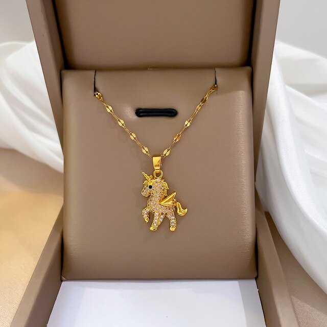 Collier Licorne avec chaîne maille Lips, bijou en acier inoxydable doré