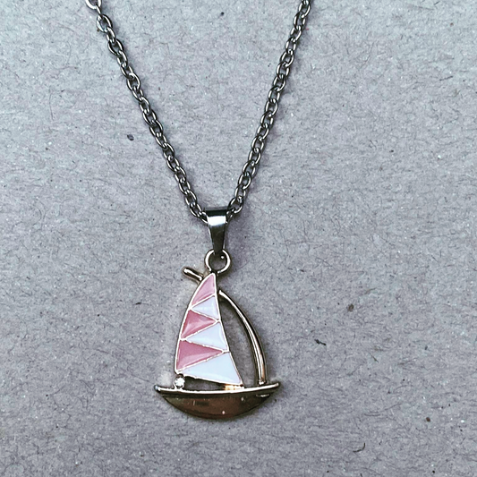 Pink and white sailing boat necklace, stainless steel and enamel jewelry 