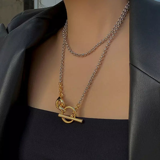 Collier sautoir bicolore avec pendentif fermoir, bijou en acier inoxydable doré et argenté