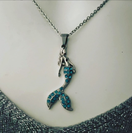 Collier sirène bleue, bijou en acier inoxydable argenté