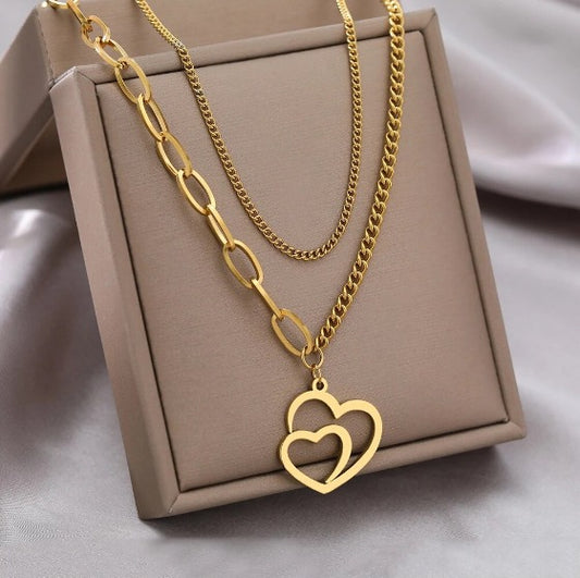 Duo de Colliers Coeurs, bijou en acier inoxydable doré