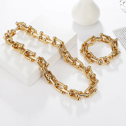 Parure de bijoux Collier + Bracelet Maillons en U, bijoux en acier inoxydable doré 18 carats